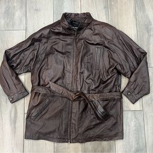 Wilson’s Leather Chocolate Brown Y2K Belted Leather  Mid Length Coat Men’s Large